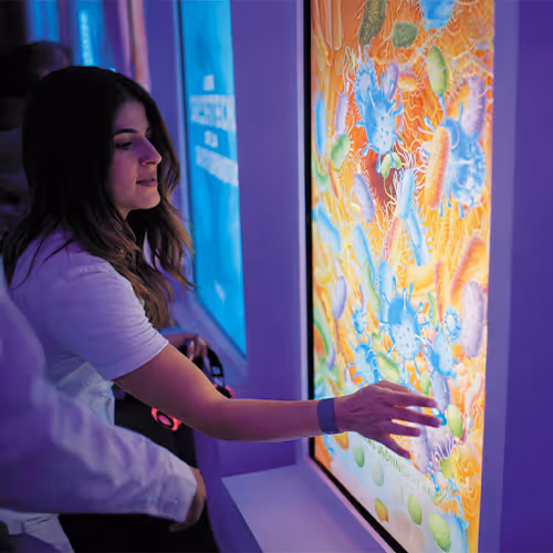 Young woman interacting with a colorful touchscreen display showing microscopic organisms.