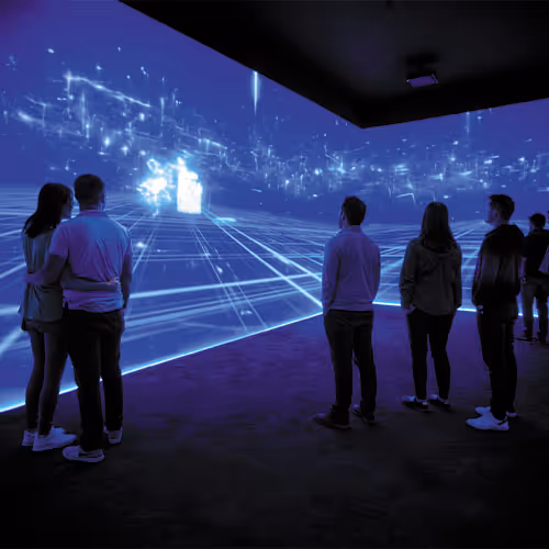 People standing in a dark room watching a large blue digital projection with grid lines and abstract light patterns.