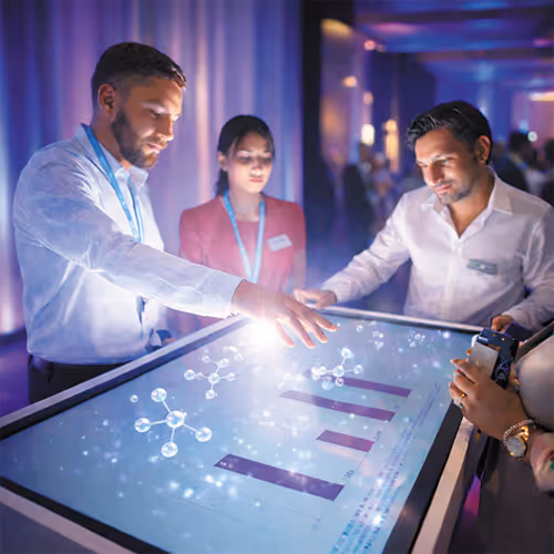 Three professionals interacting with a large touchscreen displaying molecular graphics and bar charts in a dimly lit conference room.