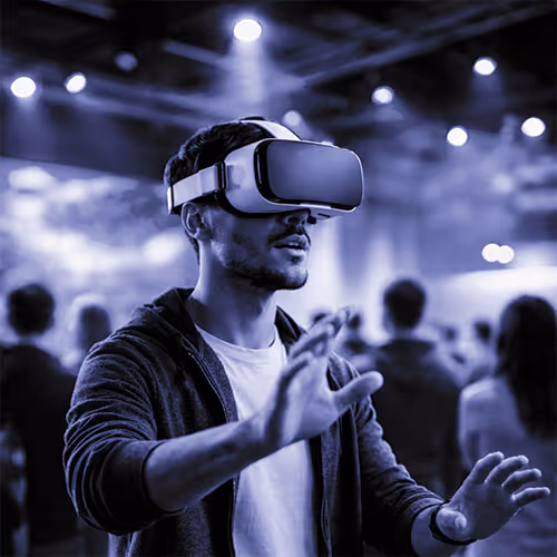 Man wearing virtual reality headset interacting with a VR environment at a crowded event or exhibition.