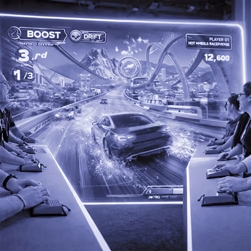 People sitting at gaming stations playing a high-speed car racing video game with neon track effects and on-screen stats.