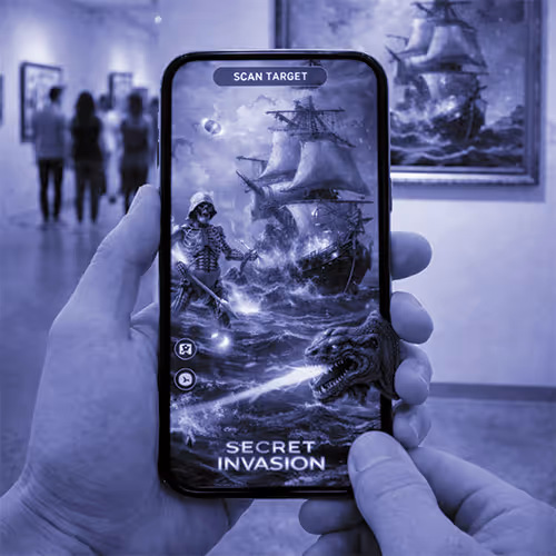 Person holding a smartphone in an art gallery showing an augmented reality scene with a skeleton pirate, a dragon breathing fire, and a sailing ship labeled Secret Invasion.