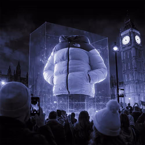 Large illuminated white puffer jacket displayed in a transparent cube above a crowd near Big Ben at night.