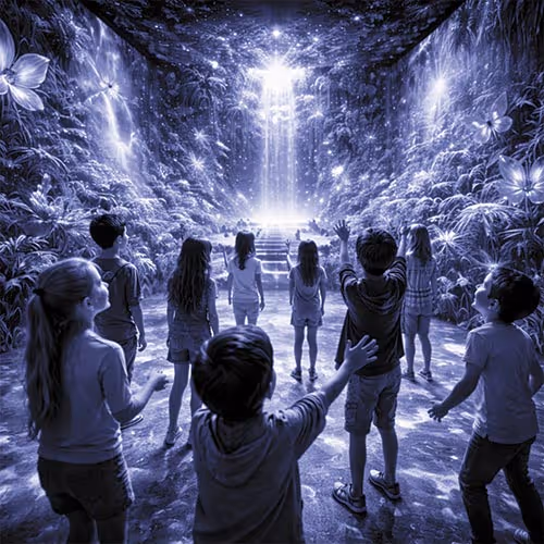 Group of children standing in a glowing, mystical cave with illuminated walls and a radiant light beam ahead.