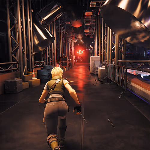 Third-person view of a character running down a dimly lit industrial corridor with large ventilation ducts overhead and scattered equipment along the sides.