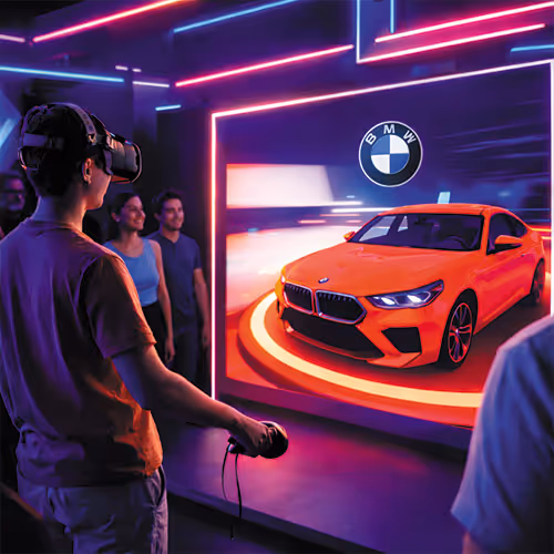 Person wearing a VR headset interacting with a virtual display of a red BMW car while others look on in a neon-lit room.