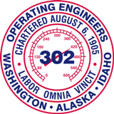Circular logo with ‘302’ in center, text includes Operating Engineers, Chartered August 6, 1905, and locations.