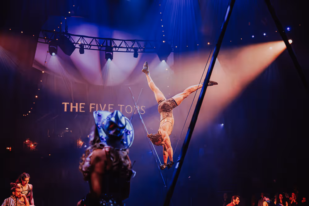 Male acrobat performing a handstand mid-air on stage with audience and a person in a hat watching, under spotlights and 'THE FIVE TONS' sign.
