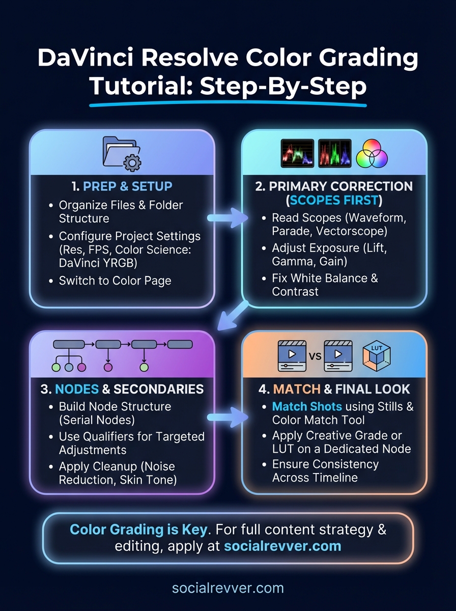 davinci resolve color grading tutorial infographic