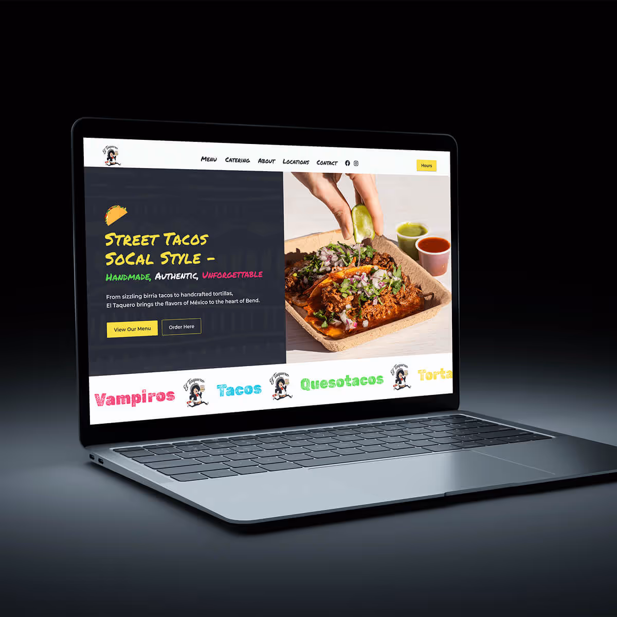 Laptop display of El Taquero homepage built by Thorne Design Studio.