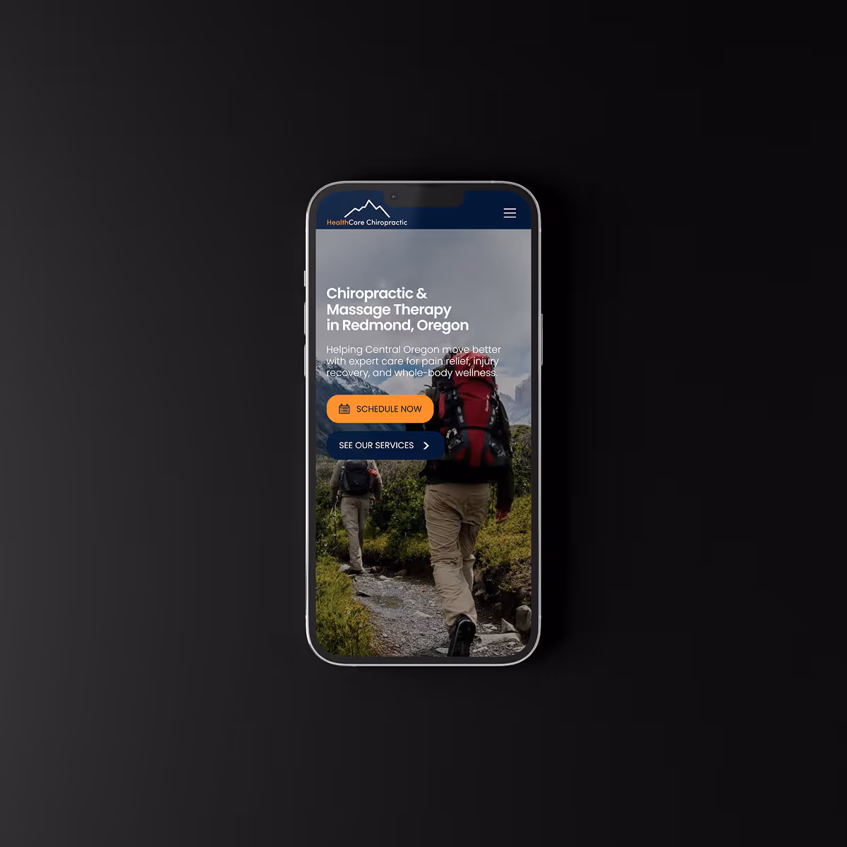 Mobile device displaying the homepage for HealthCore Chiropractic in Redmond, Oregon.
