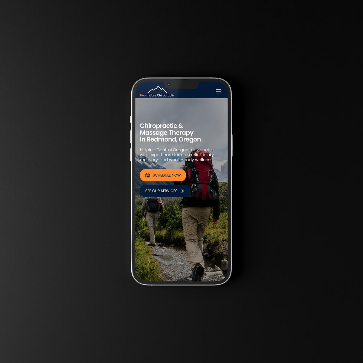 Mobile device displaying the homepage for HealthCore Chiropractic in Redmond, Oregon.