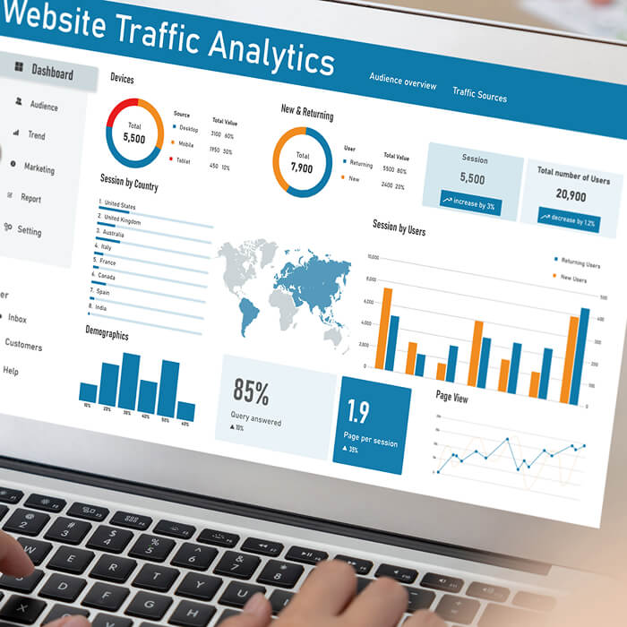 Analytics dashboard with website traffic charts representing data-driven SEO improvements for local businesses in Redmond and Bend, Oregon.