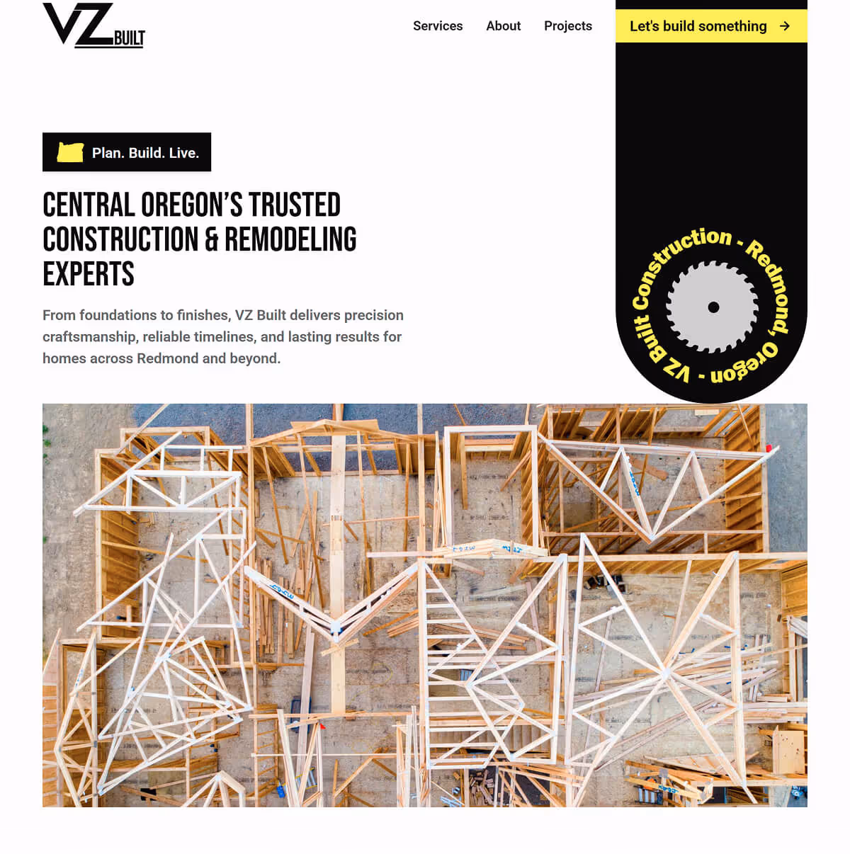 Homepage design for VZ Built Construction contractor website in Redmond Oregon