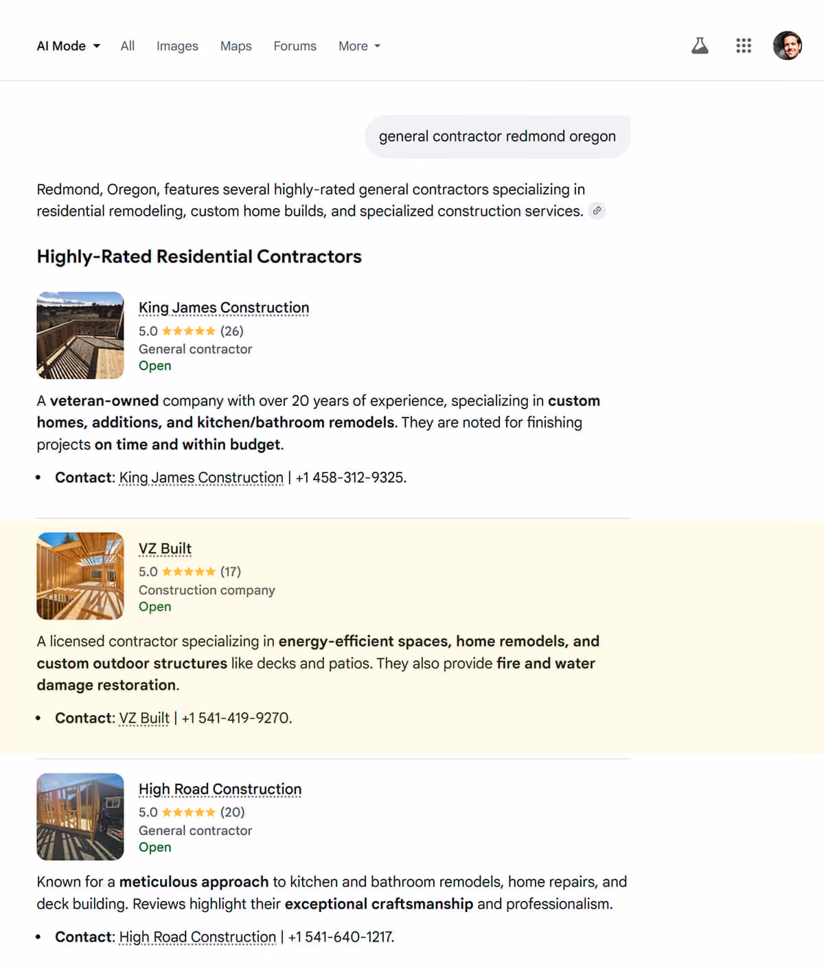 VZ Built appearing in Google AI search results for general contractor Redmond Oregon