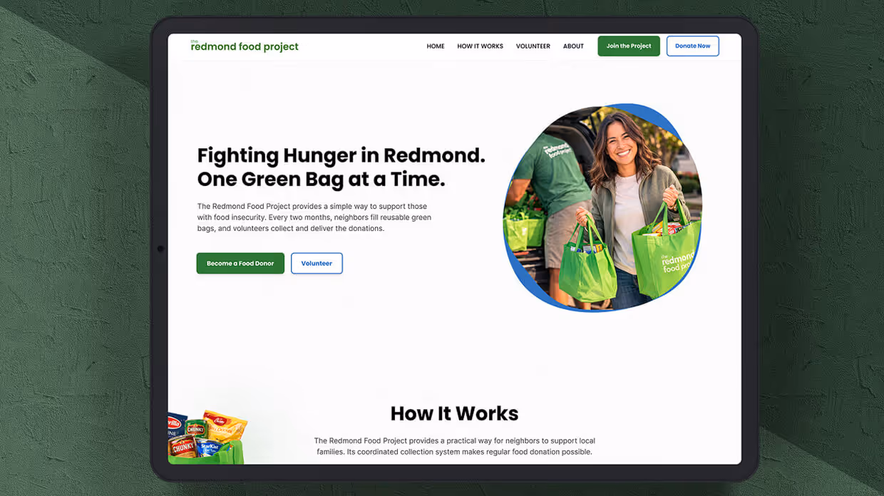 Tablet display of The Redmond Food Project website