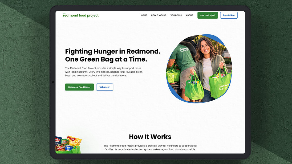 Tablet display of The Redmond Food Project website
