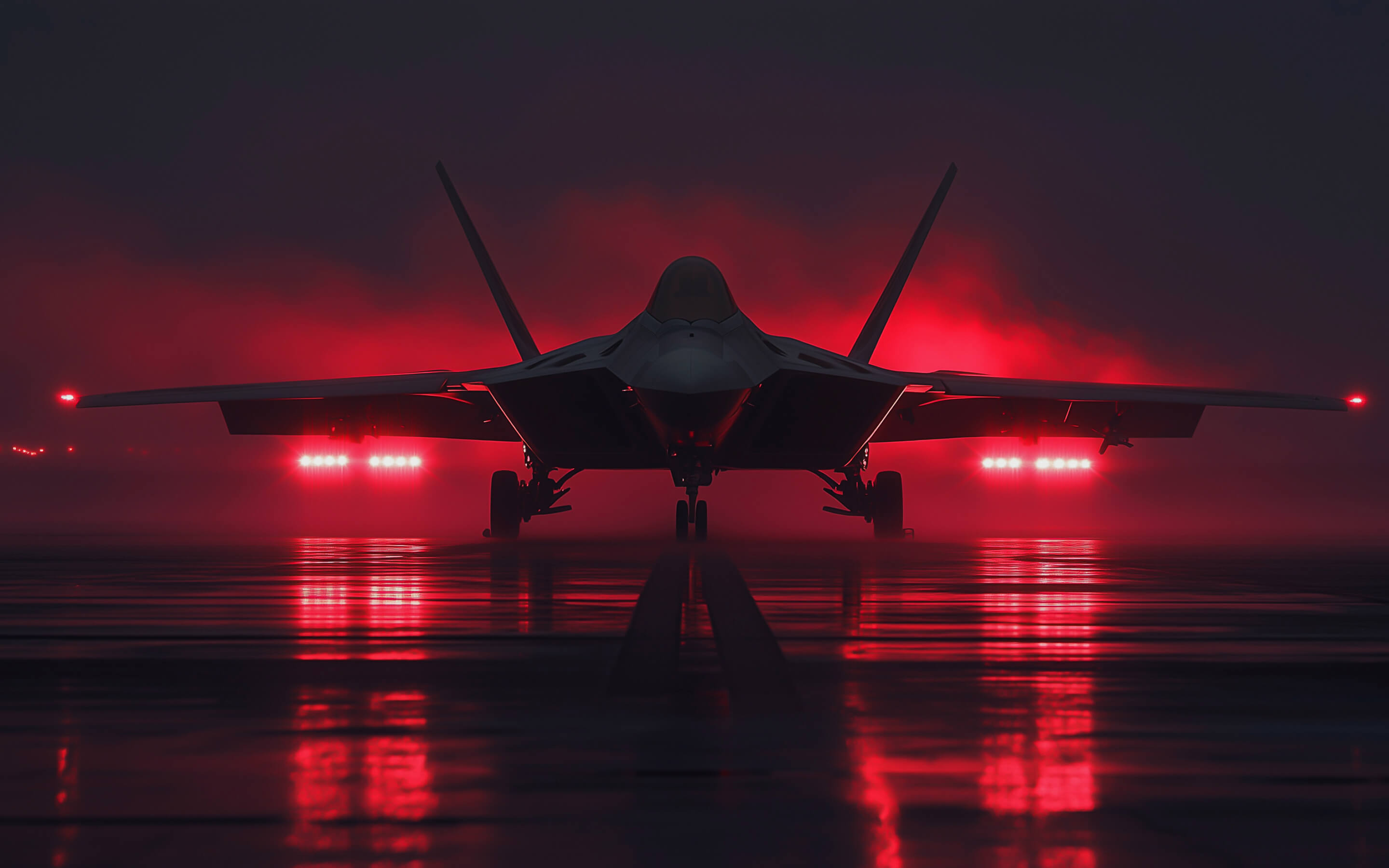 Futuristic aircraft on a runway at night with red backlighting, used as a dramatic visual on the About page to symbolize precision and high-performance execution.