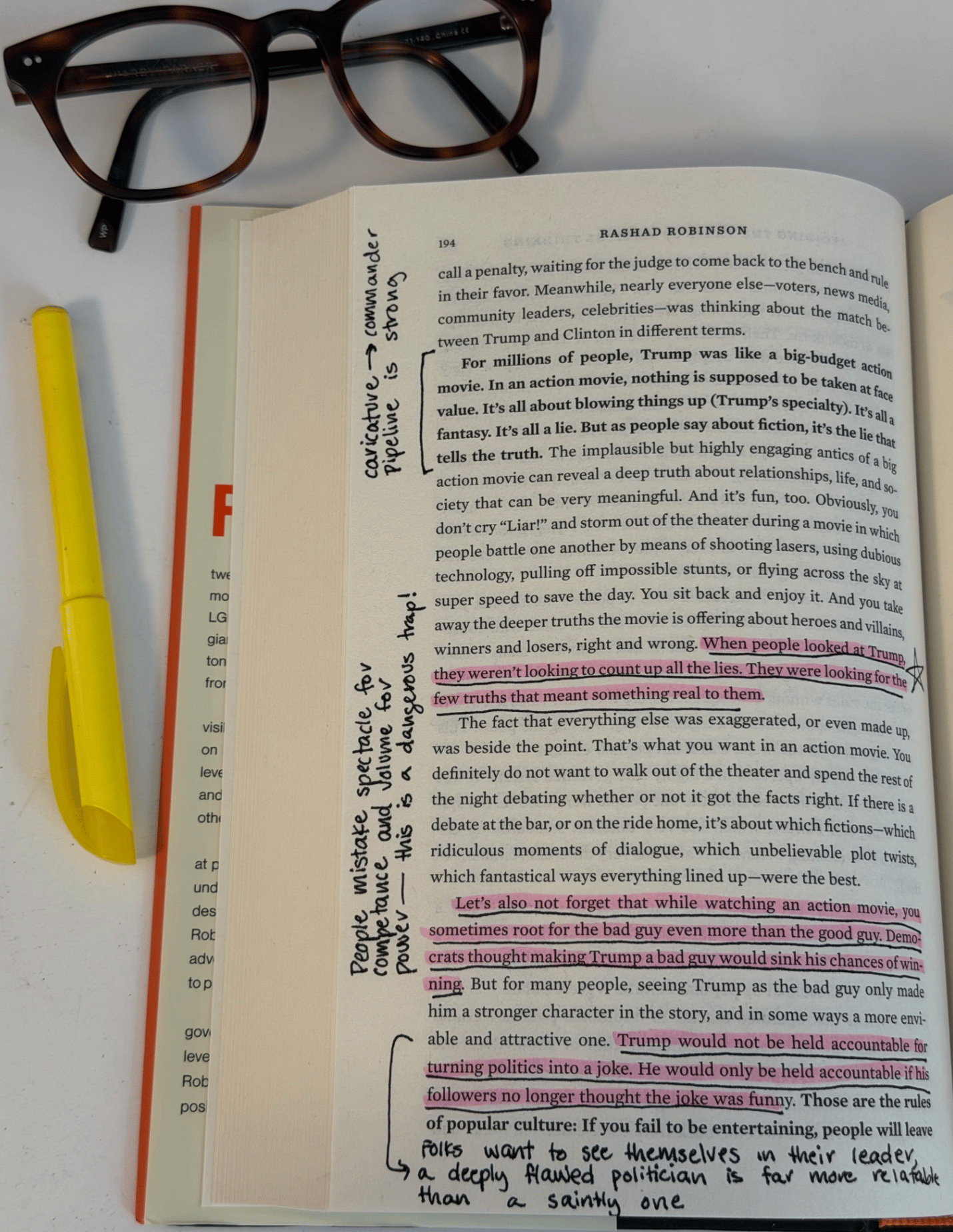 A folded-corner page from a reader's copy of From Presence to Power