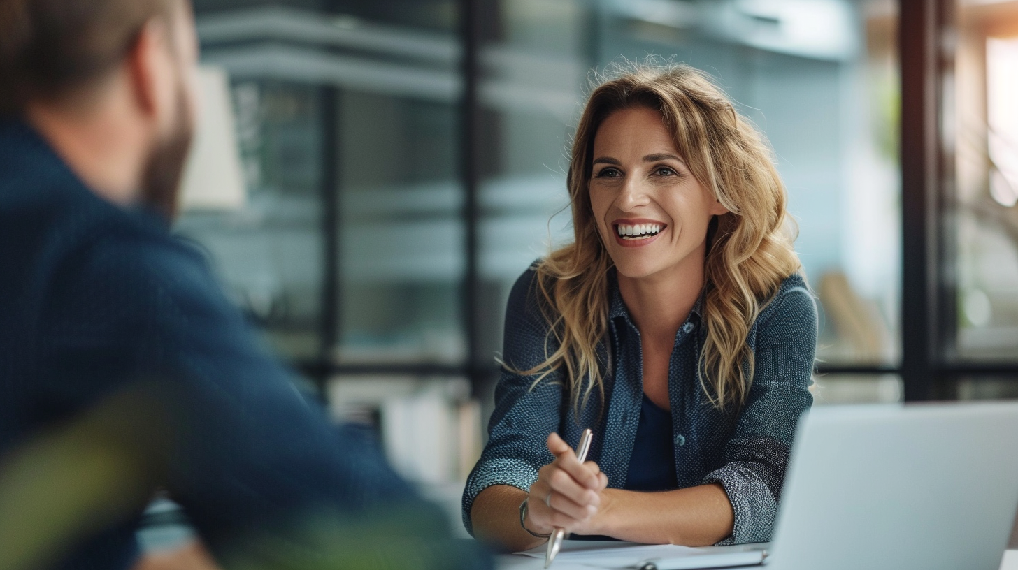 Mujer sonriendo mientras da una asesoría contable fiscal