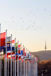 A row of international flags in Canberra, Australia's capital city. 