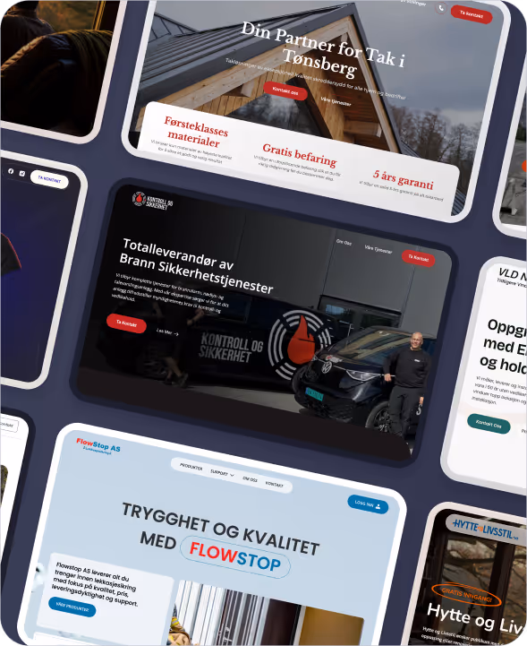 Collage of multiple website homepage screenshots featuring Norwegian text and various business services including roofing, security solutions, and leak protection.