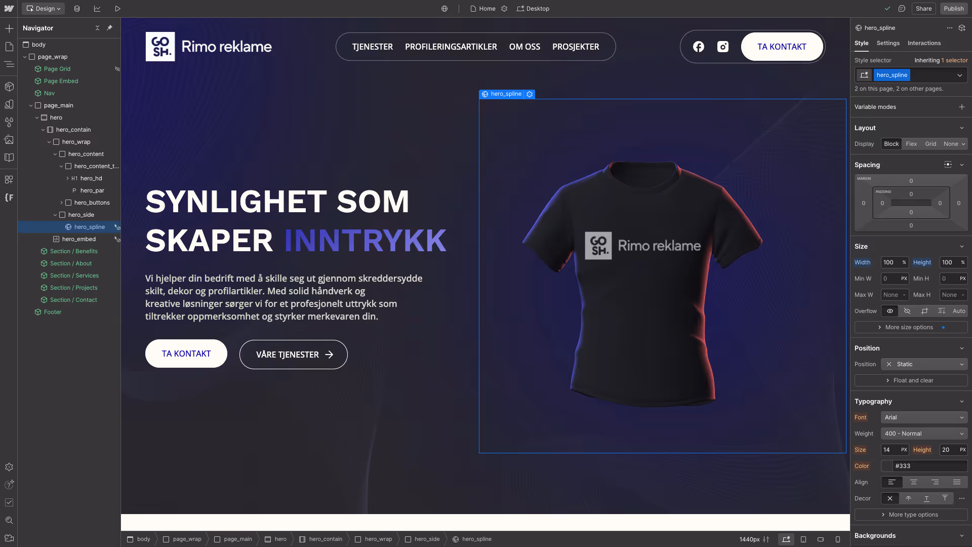 Web design editor interface showing a dark-themed landing page with a black t-shirt displaying a logo and the text 'Rimo reklame'.