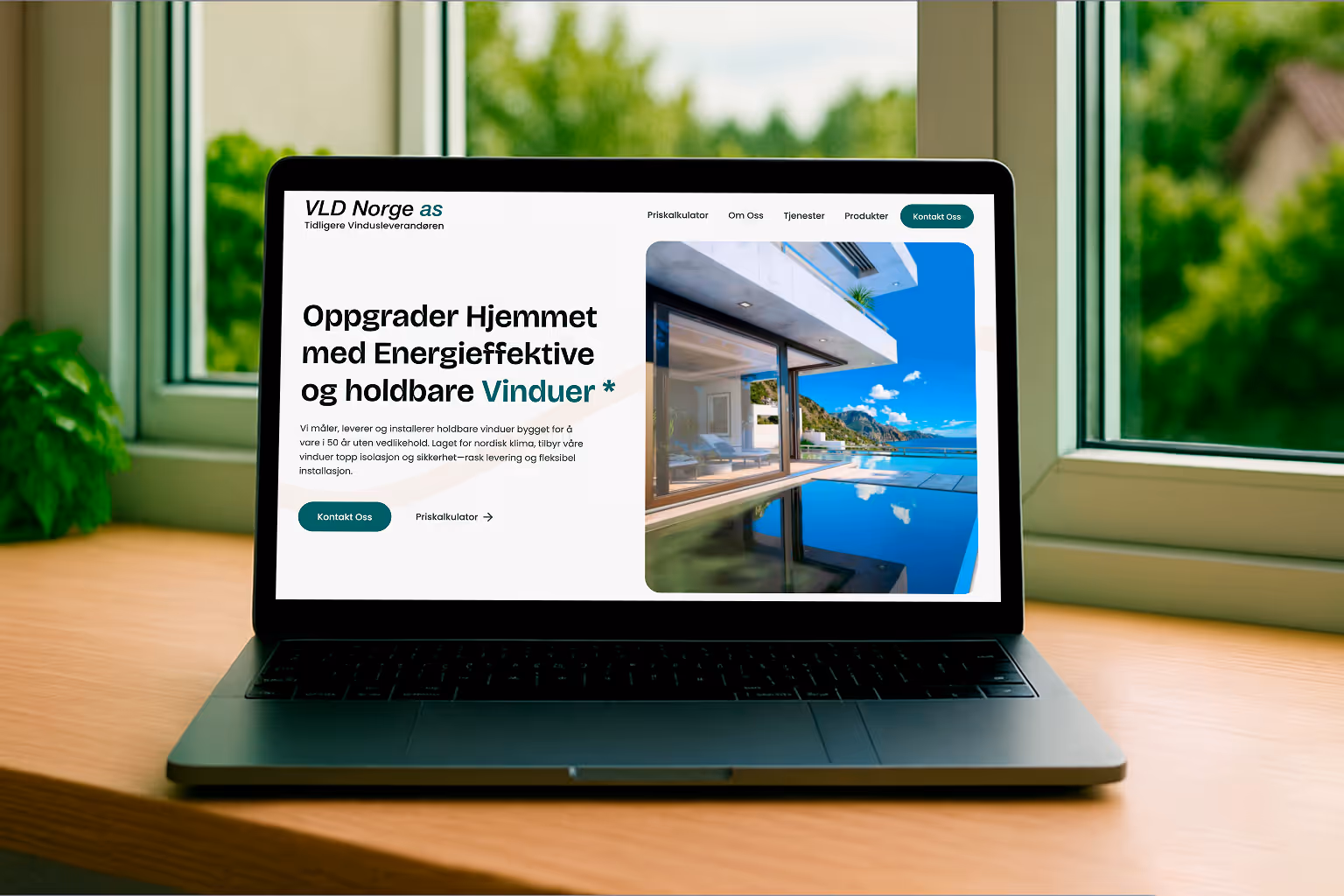 Laptop on wooden desk displaying a webpage for VLD Norge advertising energy-efficient and durable windows with a modern house and pool image.