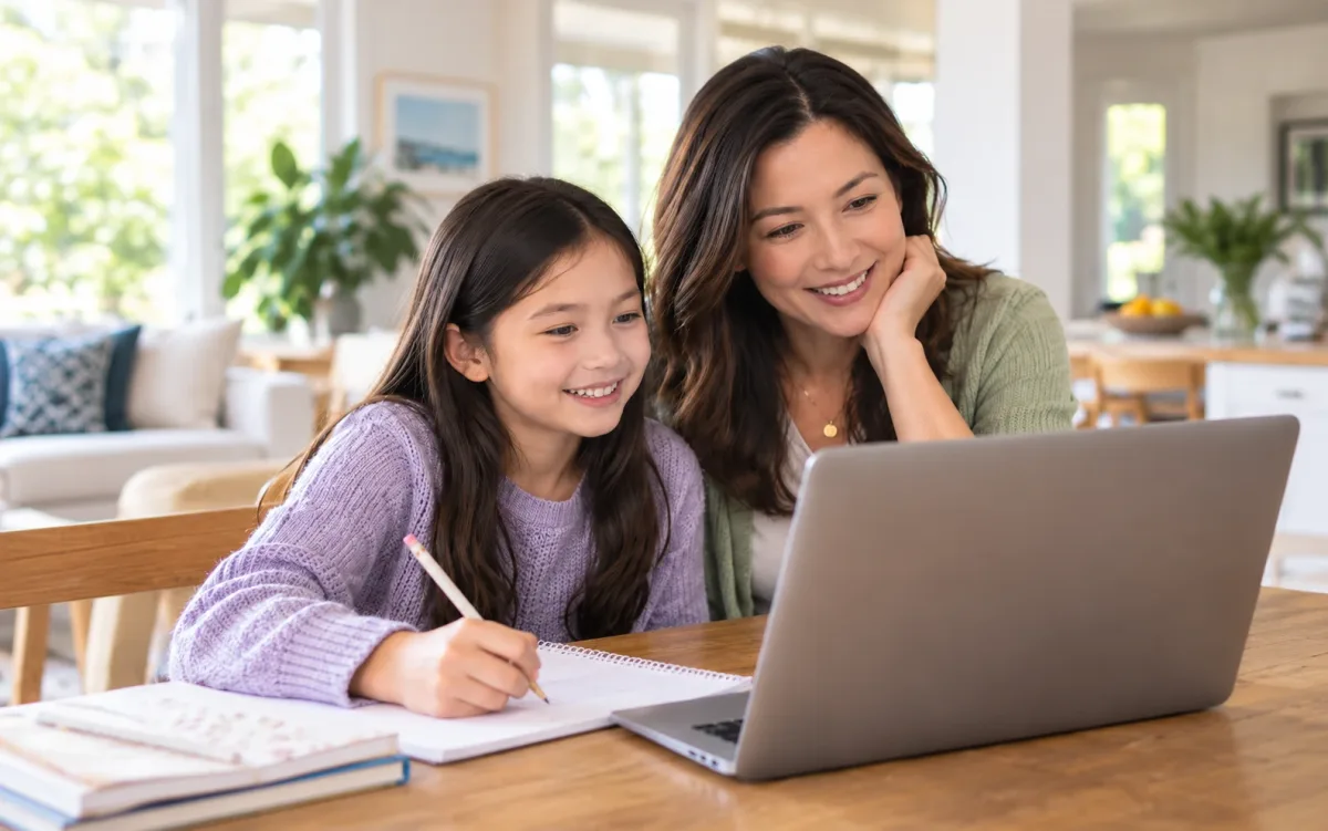A parent and child sharing a relaxed moment of online learning at home