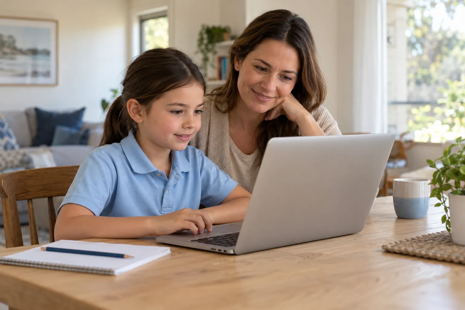 Mother and daughter using a laptop together at home.