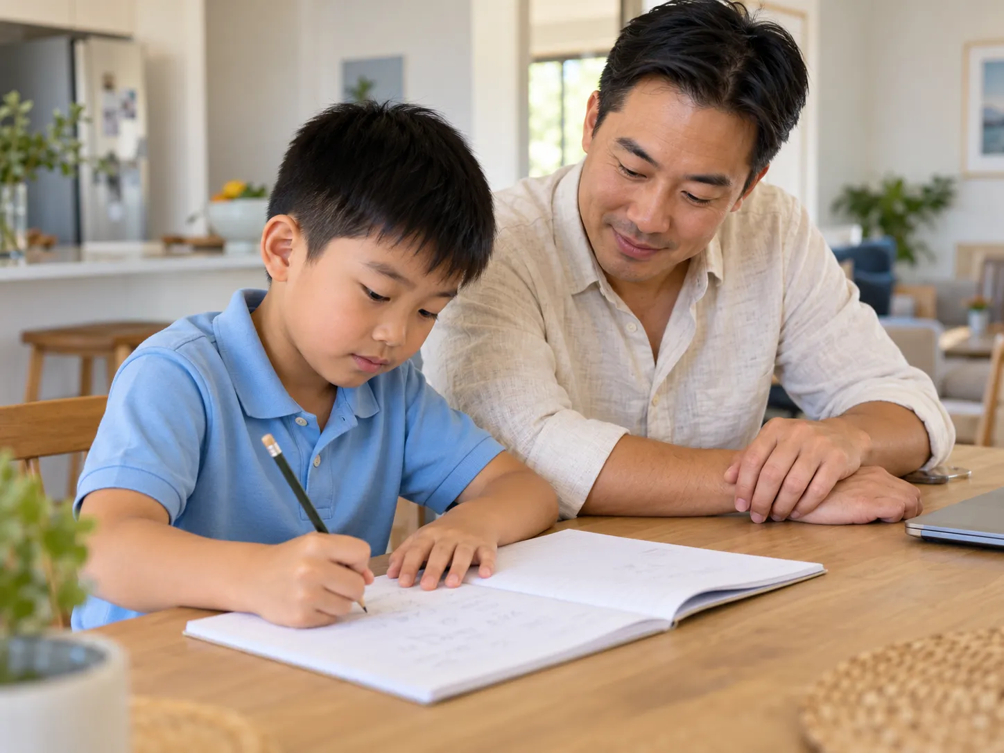 Father supporting his son as he practises writing in a notebook.