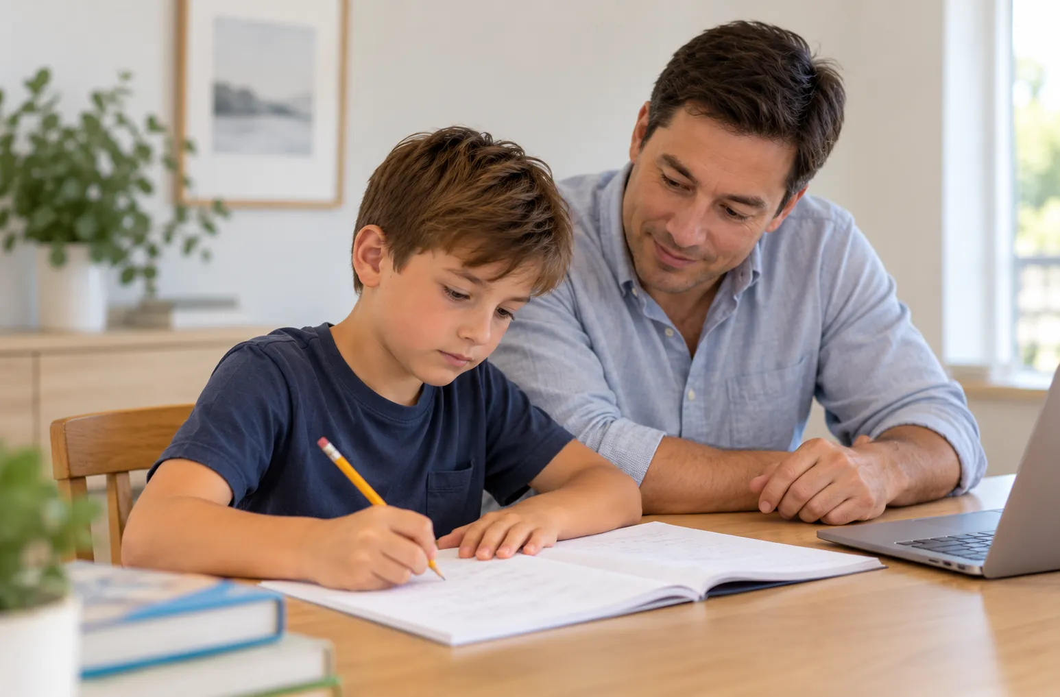 A father watches with a smile as his son practises writing in a notebook at the kitchen table, with a laptop nearby.