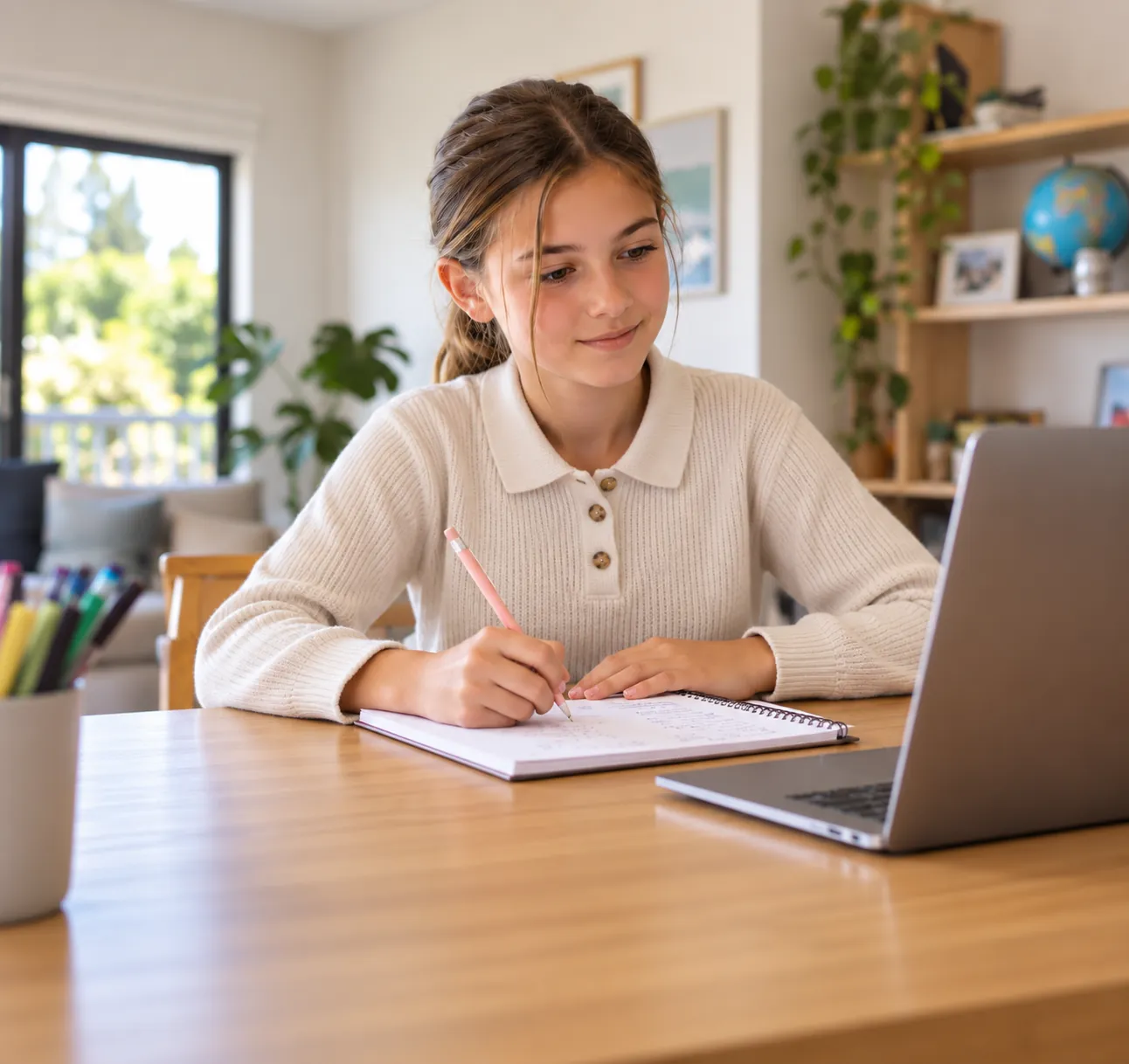 A smiling girl writing in a notebook as she works through practice questions on a laptop at the kitchen table.