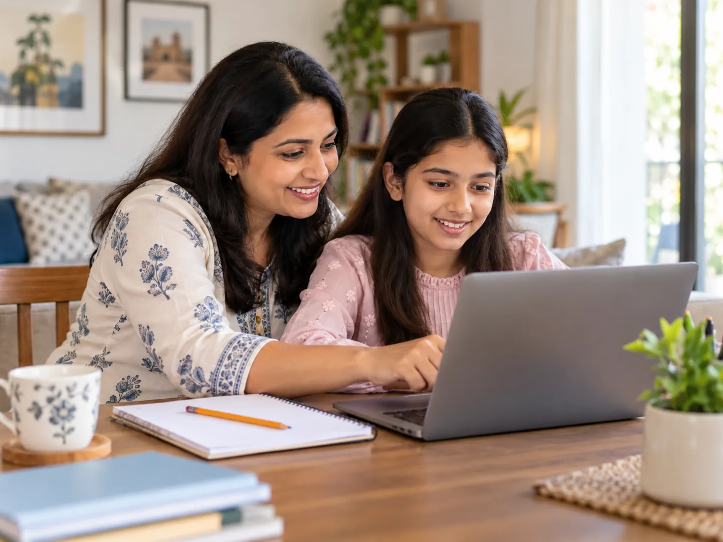 A mother and her daughter smile as they work through online practice questions on a laptop at the kitchen table.