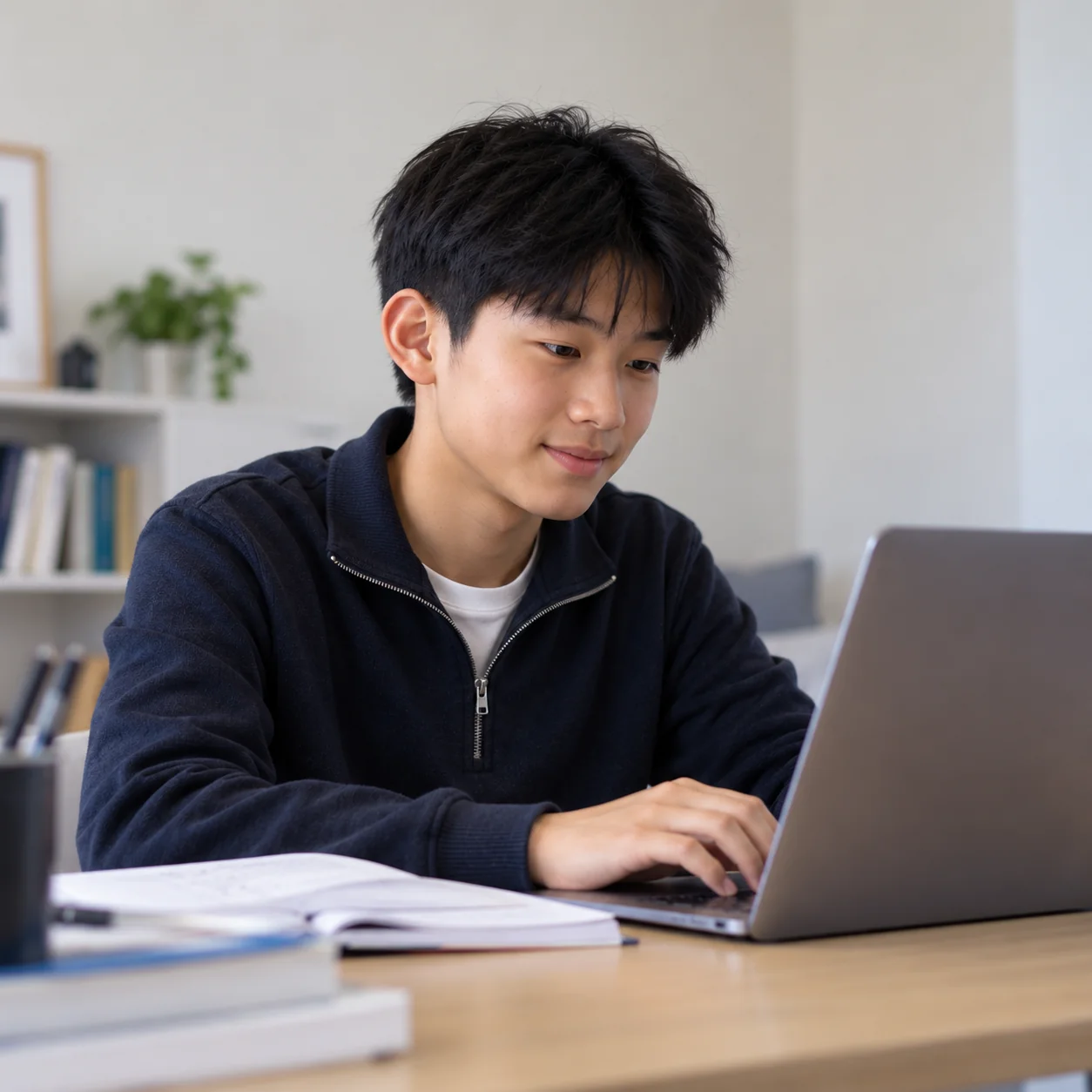 A Year 7 student working on a laptop at a desk, with an open notebook beside him.