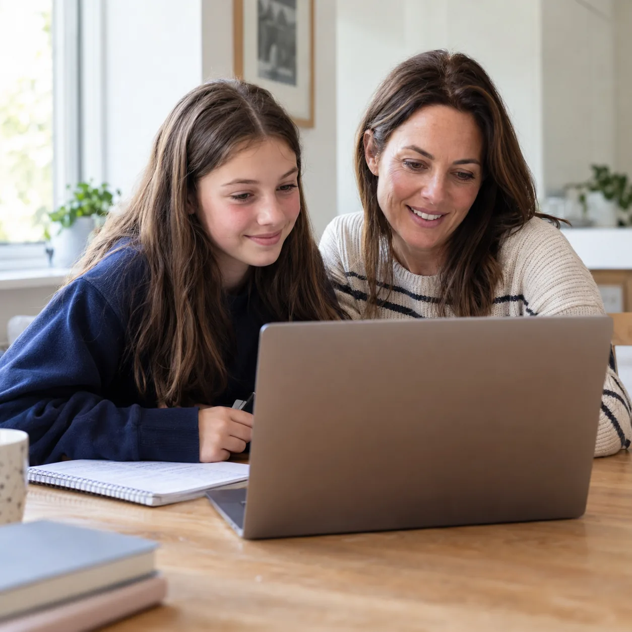A mother and her Year 7 daughter smile as they look at a laptop together at the kitchen table.