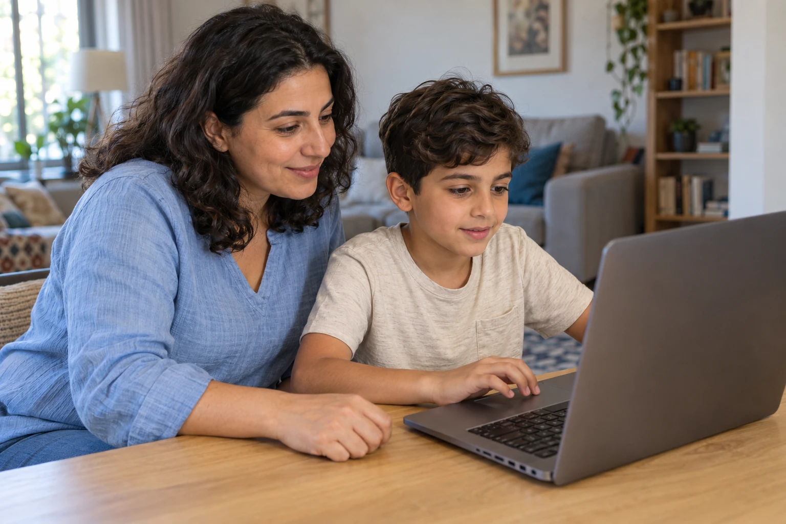 A mother and her young son smile as they look at a laptop together at the table at home while he practises.