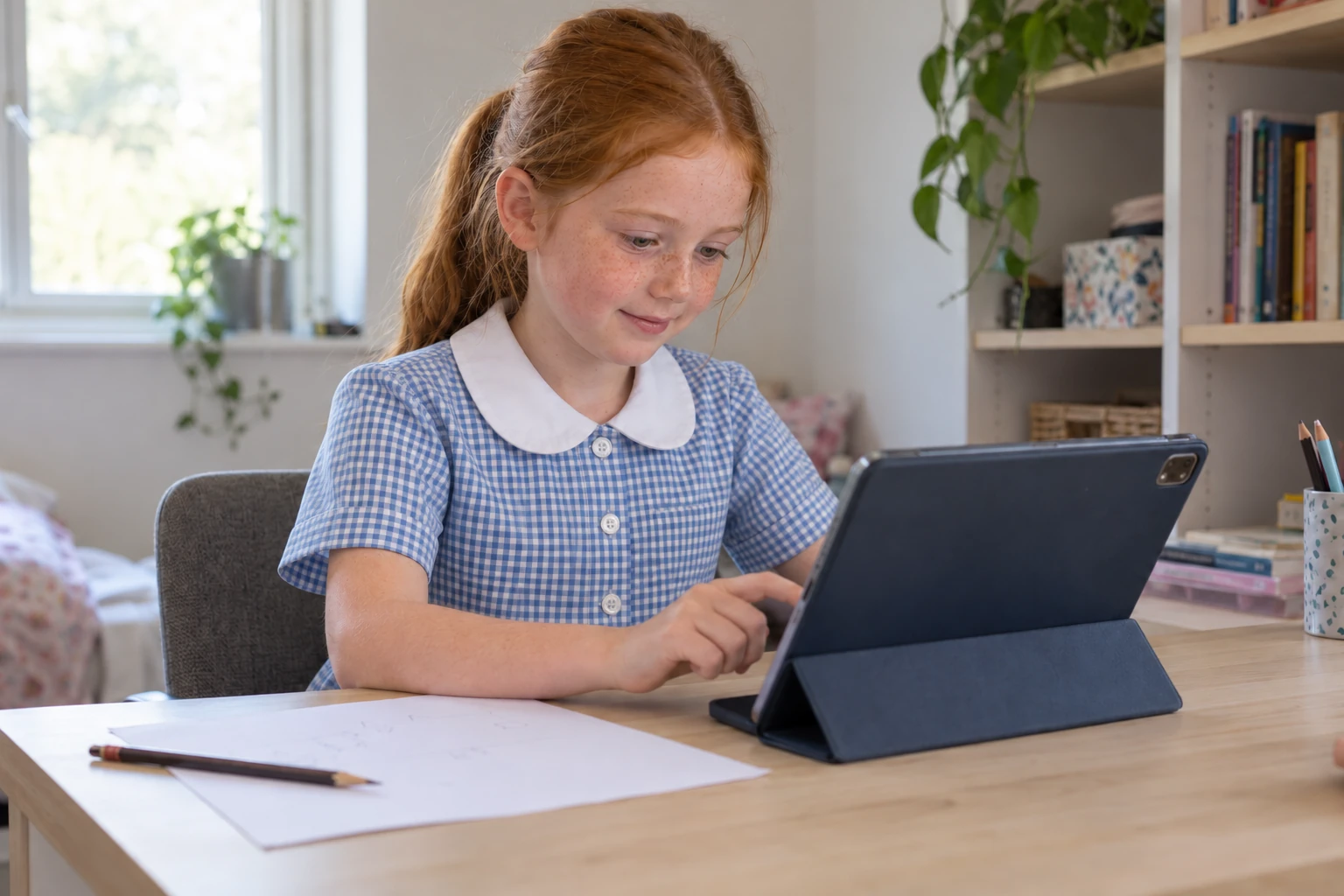 A young girl in a gingham school dress smiles as she uses a tablet at a desk with a pencil and paper beside her.