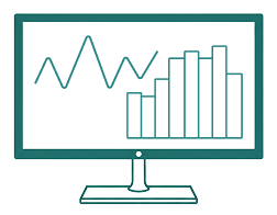 Monitor displaying a line graph and a bar chart with six vertical bars.