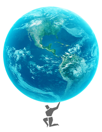 Illustration of a person holding up a large Earth globe showing the Americas and surrounding oceans.