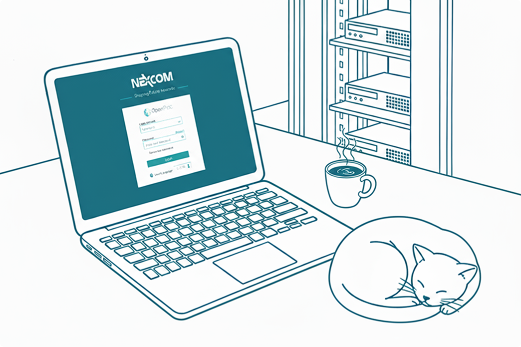 Line drawing of a laptop with Nexcom login screen, a steaming cup of coffee, a sleeping cat, and a server rack.