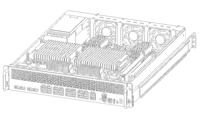 Line drawing of a telecom aggregation switch with cooling fans, ports, and heat sinks on a black background.