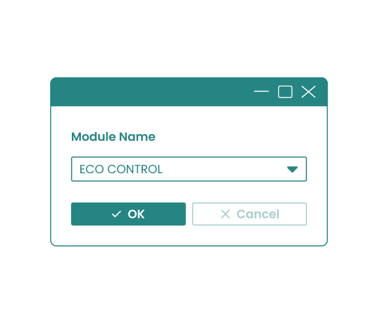 Dialog box showing module selection with ECO CONTROL chosen and OK and Cancel buttons.
