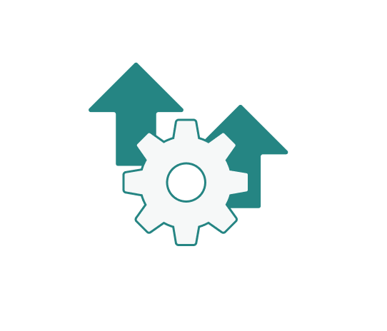 White gear icon with two upward teal arrows behind it symbolizing progress or upgrade.