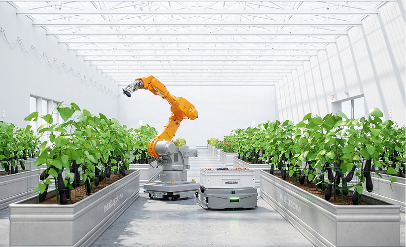 Orange robotic arm and autonomous robot tending plants in a modern indoor greenhouse.