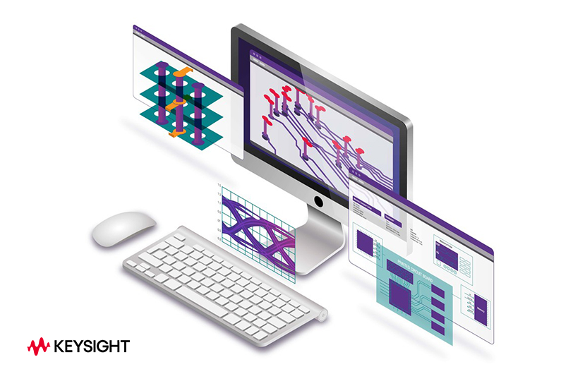 Computer monitor with keyboard and mouse showing 3D circuit design diagrams and data charts.