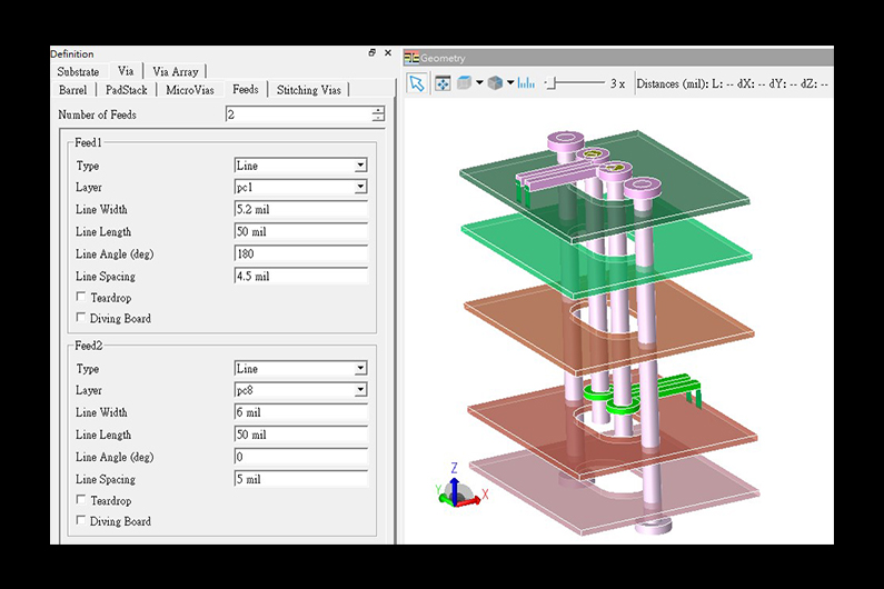 Engineering software interface showing PCB via definitions and 3D layered circuit board model.