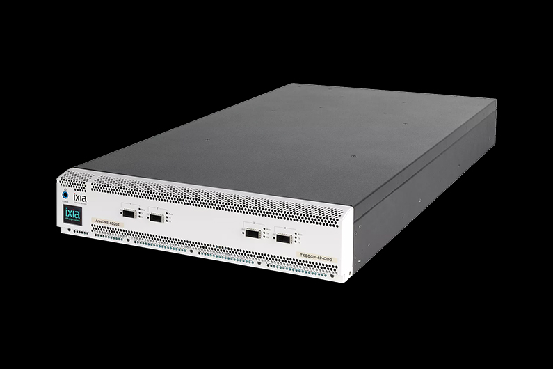 Ixia AresOne 400GE network appliance with multiple ports on front panel isolated on black.