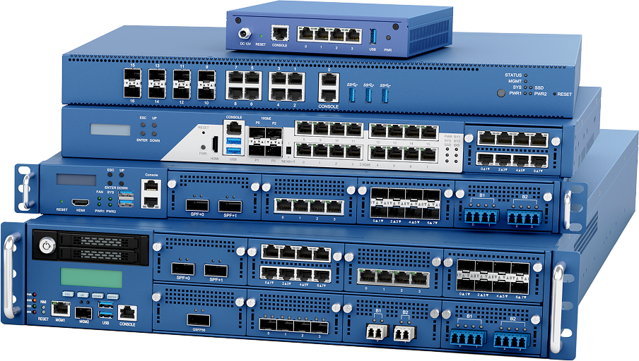 Stack of blue network and security hardware devices with multiple ports and connectors.