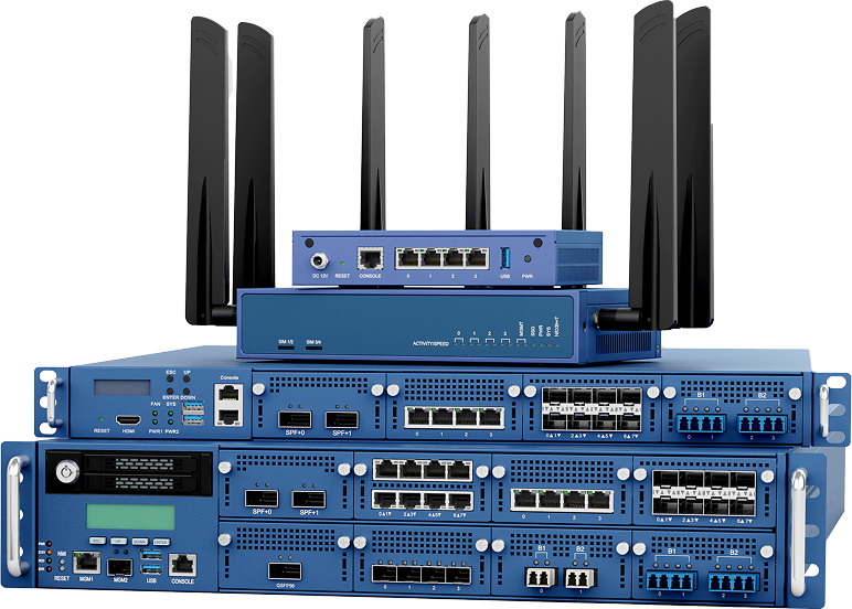 Stack of blue network and telecommunications equipment with multiple antennas and ports on a white background.